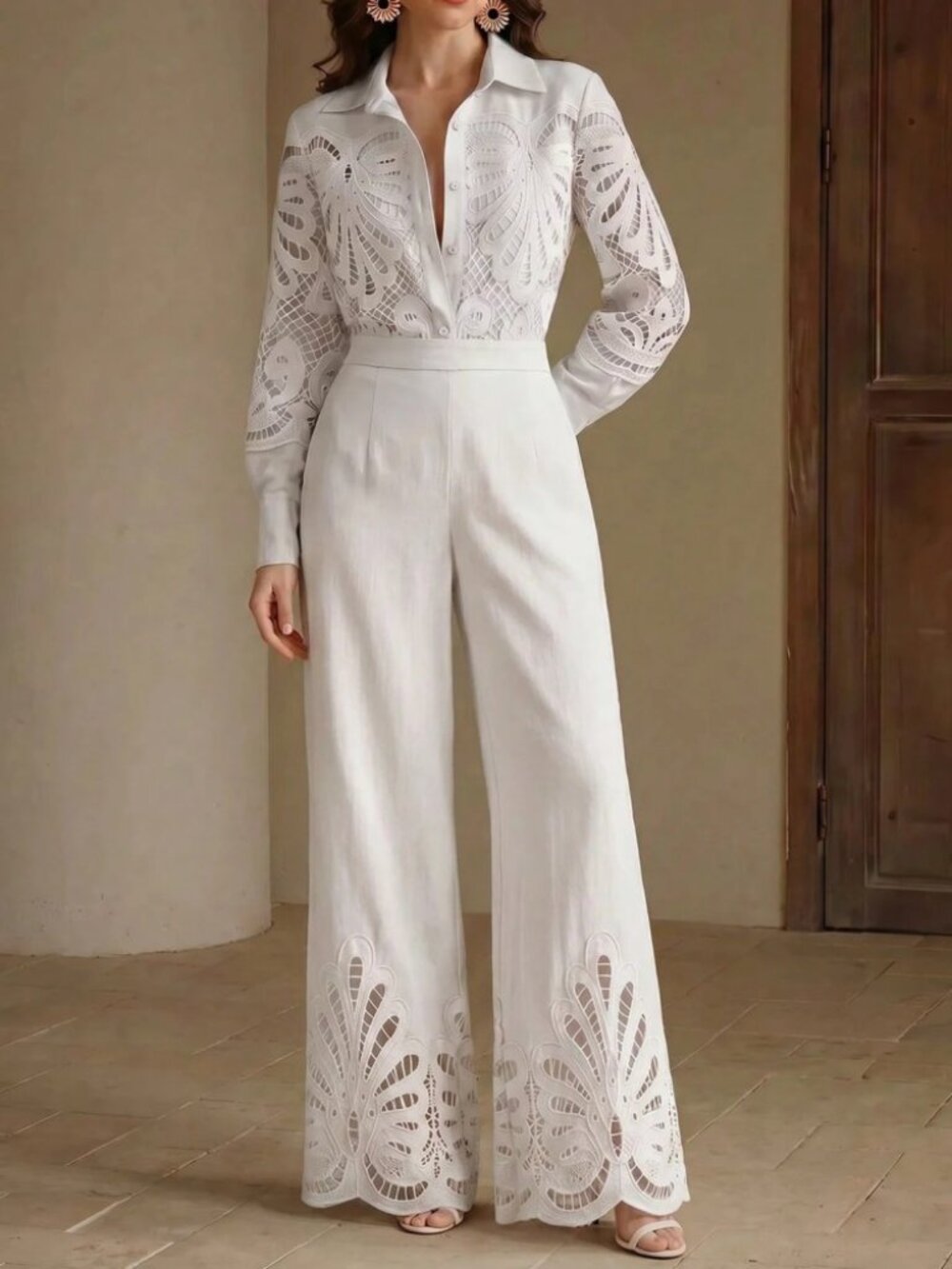 White Lace Panel Collared Shirt & Wide Leg Pants Set